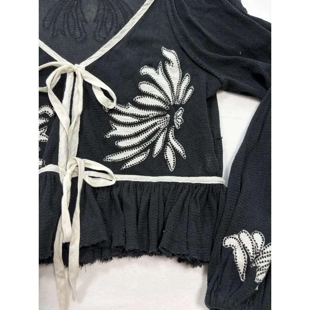 Free People Black Embroidered Tie Front Peplum Crop Top Small Boho Puff Sleeve